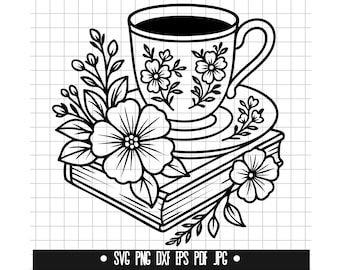 Könnte beinhalten: Schwarz-weiße Strichzeichnung einer Teetasse mit floralen Designs, die auf einer Untertasse und einem Stapel Bücher steht. Blumen und Blätter umgeben die Tasse und die Bücher. Das Bild enthält den Text "SVG PNG DXF EPS PDF JPG".