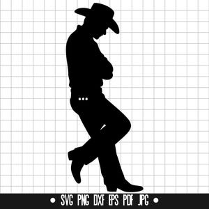 Puede incluir: Silueta negra de una persona con sombrero de vaquero, con los brazos cruzados. La figura lleva una camisa abotonada, vaqueros y botas de vaquero. La imagen está sobre un fondo de cuadrícula.