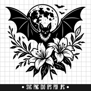 Bat Moon Flower SVG, Gothic Halloween DXF, PNG Cut File, Clipart, Digital File, Svg File, Silhouette, Instant Download