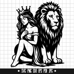 Königin und Löwen-Svg, Königliche Frauen-Svg, Löwe-Svg, Kronen-Svg, Stärke-Svg, Svg-Schnitt-Datei, Feminine Power-Svg
