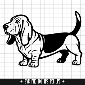 May include: Black and white silhouette of a Basset Hound dog standing with its ears down and tail curled. The dog is facing the left side of the image.