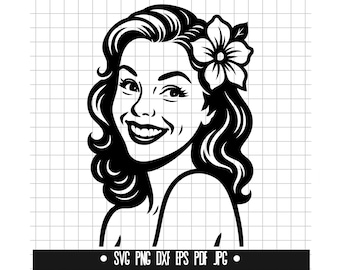 May include: Black and white illustration of a woman with long, wavy hair and a flower in her hair. She is smiling and looking to the right.
