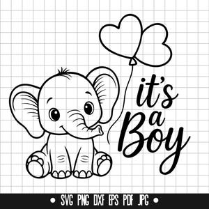 May include: A monochrome illustration of a baby elephant with heart-shaped balloons and the text "it's a Boy". The image is set against a grid background.