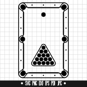 Könnte beinhalten: Schwarz-weiße Grafik eines Billardtisches mit einem Dreieck aus Billardkugeln und einer einzelnen Kugel. Der Umriss des Tisches umfasst Eck- und Seitentaschen. Dateityp-Optionen unten.