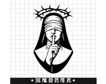 May include: Black and white illustration of a person wearing a blindfold and a crown of thorns, with their finger to their lips, suggesting silence.