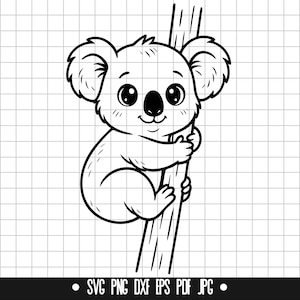 Könnte beinhalten: Schwarz-weiße Illustration eines Koala-Bären, der sich an einem Ast festhält. Der Koala hat große Augen und einen freundlichen Gesichtsausdruck. Vektor-Grafik, ideal für digitale Projekte.