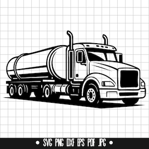 May include: Black and white illustration of a tanker truck. The truck has a large cylindrical tank, a detailed cab, and multiple wheels. The image is a vector graphic, suitable for various applications.