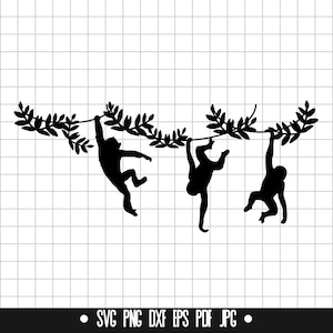 May include: Silhouette of three monkeys hanging from a vine with leaves. The monkeys are facing different directions and are in a playful pose.