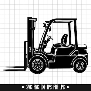 May include: Black and white illustration of a forklift. The forklift has a cab with a seat, steering wheel, and mirrors. The forks are extended. The image includes the text "SVG PNG DXF EPS PDF JPG".