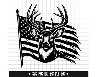 May include: Black and white illustration of a deer head with antlers in front of a distressed American flag.
