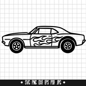 May include: Black and white line art of a classic muscle car with flames on the side. The car has large wheels and a low profile. The image includes the text "SVG PNG DXF EPS PDF JPG" at the bottom.