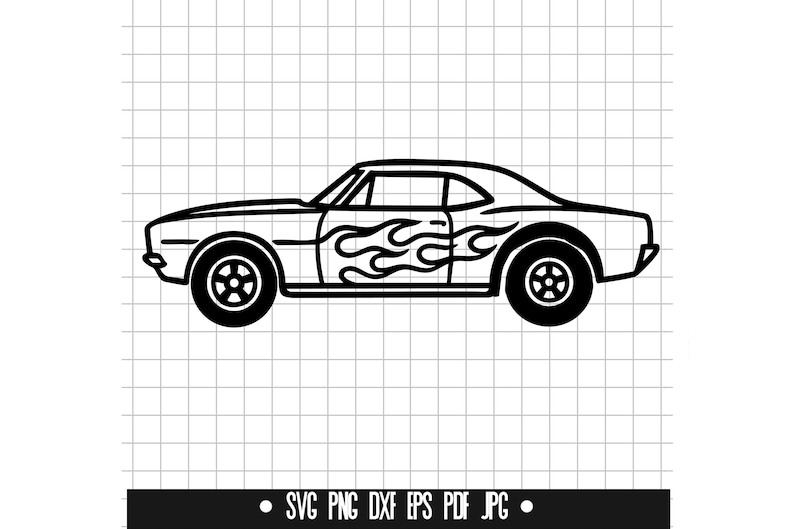 May include: Black and white line art of a classic muscle car with flames on the side. The car has large wheels and a low profile. The image includes the text "SVG PNG DXF EPS PDF JPG" at the bottom.
