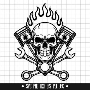Flaming Skull Garage Car Mechanic SVG, Piston Skull DXF, Mechanic Flame PNG, Skull Cut File, Clipart, Digital File, Instant Download