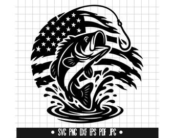 May include: Black and white graphic of a largemouth bass leaping out of water, with an American flag design in the background. A fishing hook is above the fish. The image includes the file type formats: SVG, PNG, DXF, EPS, PDF, JPG.