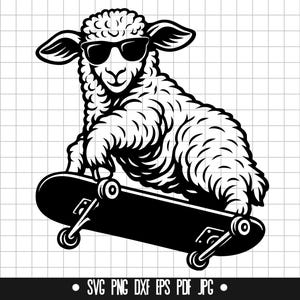 Skateboard Sheep SVG, Cool Lamb PNG, Skate Sheep Cut File, Funny Animal Clipart, Street Style SVG