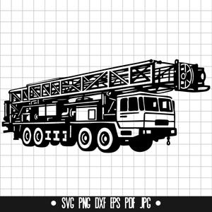 May include: Black and white illustration of a fire truck with a tall ladder. The truck has multiple wheels and detailed features. The bottom of the image includes the text "SVG PNG DXF EPS PDF JPG".