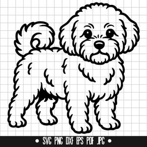 Puede incluir: Ilustración en blanco y negro de un perro esponjoso con cola rizada. El perro está de pie sobre sus cuatro patas con la cabeza ligeramente inclinada hacia un lado.
