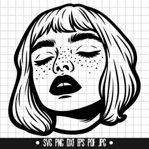 Sommersprossiges Mädchen SVG, geschlossene Augen PNG, weibliches Gesicht DXF, Minimale Frau geschnitten Datei, Clipart, digitaler Download