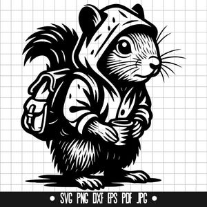 Squirrel in Hoodie SVG, Urban Squirrel PNG, Backpack Animal DXF, Clipart, Cut File, Digital