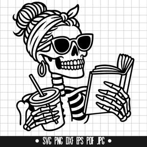 May include: Black and white illustration of a skeleton wearing sunglasses and a bandana, reading a book while holding a drink. The image includes the text "SVG PNG DXF EPS PDF JPG".