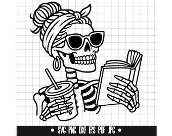 Skelett lesen, Schädel mit Buch, Skelett Kaffee, Buchliebhaber, Kaffeeschädel, Halloween, Lesezeichen, Buch