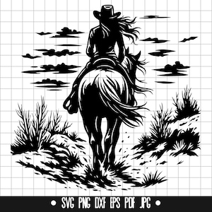 Puede incluir: Silueta en blanco y negro de una persona montando a caballo, vista desde atrás. El jinete lleva un sombrero de vaquero, con el pelo suelto. El caballo está en movimiento, rodeado de nubes y follaje estilizados.