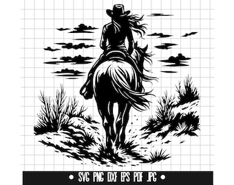 Cowgirl Rider SVG, Western DXF, Horse PNG, Desert Ride Cut File, Clipart, Digital File, Svg File, Silhouette, Instant Download