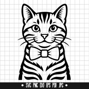 Gatto con papillon SVG, Gatto carino DXF, PNG, Clipart di animali domestici, File digitale, File di taglio SVG per Cricut e Silhouette