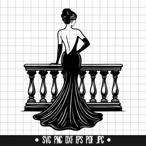 Donna elegante SVG, Signora in abito PNG, File di taglio di moda per balcone, Clipart di donna glamour, File Cricut