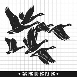 May include: Silhouette of a flock of five geese flying in formation. The geese are black and are flying in a V-shape.
