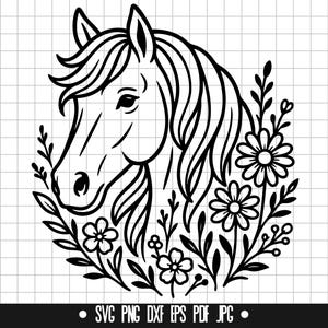 May include: A black and white line drawing of a horse's head encircled by floral elements. The horse features a detailed eye and flowing mane. The design is circular and includes file type options: SVG, PNG, DXF, EPS, PDF, and JPG.