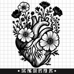 花のハートSVG、花のハートDXF、花のハートPNG、花のハートカットファイル、クリップアート、デジタルファイル、SVGファイル、シルエット、即時ダウンロード