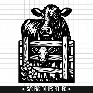 Cow Fence Svg, Cow Calf Svg, Farm Svg, Fence Animal Svg, Country Cow Svg, Livestock Cut File, Svg File, Silhouette, Instant Download