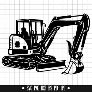 Puede incluir: Ilustración en blanco y negro de una mini excavadora, un vehículo de construcción con cabina, brazo y cuchara. La excavadora está sobre orugas y tiene una cuchilla. La parte inferior de la imagen tiene el texto "SVG PNG DXF EPS PDF JPG".