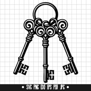 May include: Three black ornate keys with intricate designs on the keyhole and bow, connected by a ring.