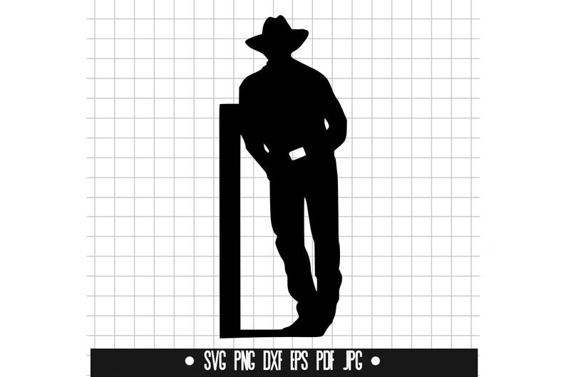 May include: A black silhouette of a cowboy leaning against a rectangular structure. The cowboy wears a hat, shirt, and jeans. The bottom of the image contains file type icons: SVG, PNG, DXF, EPS, PDF, and JPG.