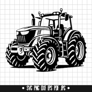 Peut inclure: Silhouette noire et blanche d'un tracteur avec de gros pneus. Le tracteur a une cabine avec un pare-brise et un gros moteur.