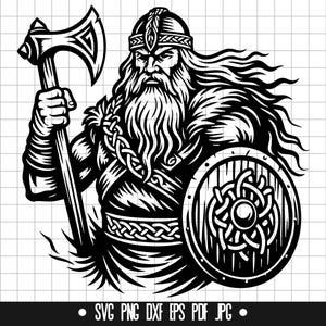 May include: Black and white illustration of a Viking warrior with a horned helmet, holding an axe and a shield with a Celtic knot design.