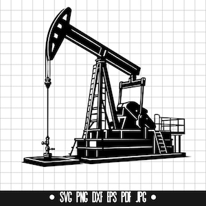Puede incluir: Una silueta en blanco y negro de una torre de perforación de petróleo, también conocida como cabezal de bombeo, que se utiliza para extraer petróleo del suelo.