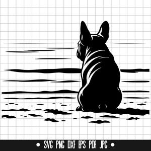 Spiaggia per cani in formato SVG, Bulldog francese in formato SVG, Animale domestico in formato SVG, Oceano in formato SVG, Silhouette di cane in formato SVG, Estate in formato SVG, File di taglio SVG