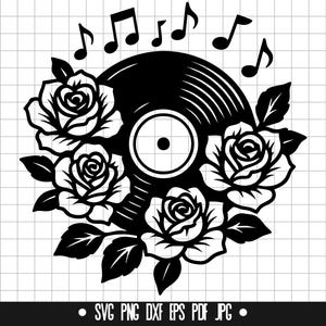 Vinylplaat Svg, Rose Record Svg, muziek bloemen Svg, Retro Record Svg, vinyl bloem Svg, muziek Svg