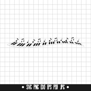 May include: A black and white illustration of a piano keyboard with musical notes. The keyboard is curved, and the notes are evenly spaced above the keys. The image is set against a grid background.