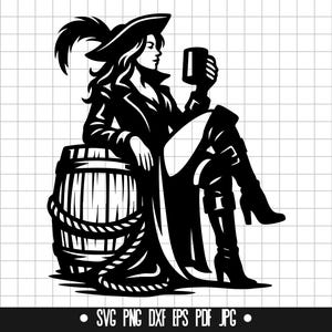 May include: Black and white illustration of a woman in pirate attire, seated on a barrel and holding a mug. She wears a hat with a feather, a long coat, and high-heeled boots. The image includes the file type icons: SVG, PNG, DXF, EPS, PDF, and JPG.