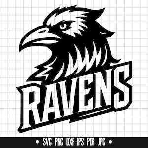 May include: Black and white illustration of a raven with the word "RAVENS" in bold, white letters.