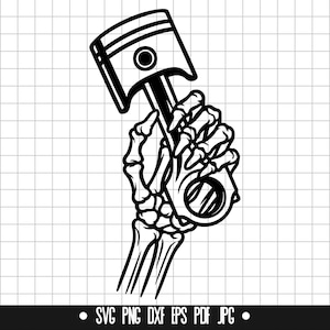 Könnte beinhalten: Eine Schwarzweißillustration einer skelettartigen Hand, die einen Kolben hält. Der Kolben ist ein gängiges Teil eines Verbrennungsmotors.