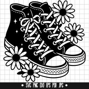 May include: Black and white graphic of high-top sneakers with white laces and daisy accents. The sneakers have a classic design with a white toe cap and a decorative pattern. The image includes the file types: SVG, PNG, DXF, EPS, PDF, and JPG.