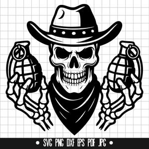Cowboy Schädel Granaten SVG, Cowboy Schädel Granaten DXF, Cowboy Schädel Granaten PNG, Clipart, digitale Datei, Silhouette, sofortiger Download
