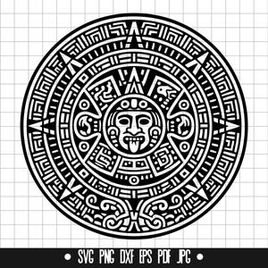 May include: Black and white illustration of the Aztec calendar, also known as the Sun Stone. The calendar features a central face with a tongue sticking out, surrounded by concentric circles of intricate designs.