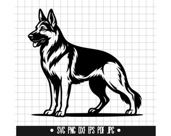 May include: Black and white silhouette of a German Shepherd dog standing with its head turned to the side. The dog is facing the left side of the image.