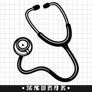 May include: Black and white illustration of a stethoscope. The stethoscope has a single earpiece and a chest piece with a diaphragm.
